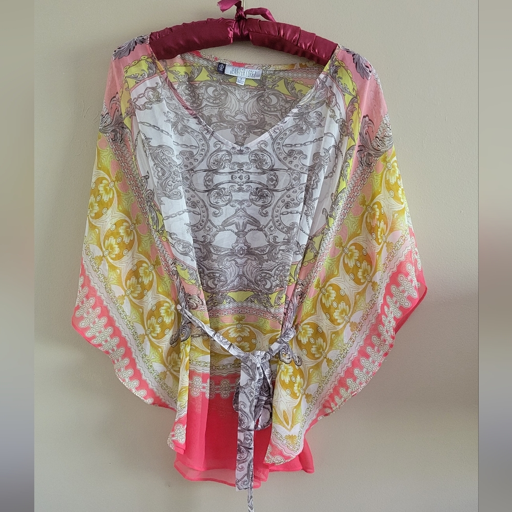 4/$15 SALE Jennifer Lopez | Pink and Yellow Flowy Boho Patterned Sheer Blouse